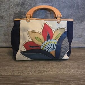 Relic‎ Floral Applique Canvas Satchel Purse Acrylic Handle Handbag Bag